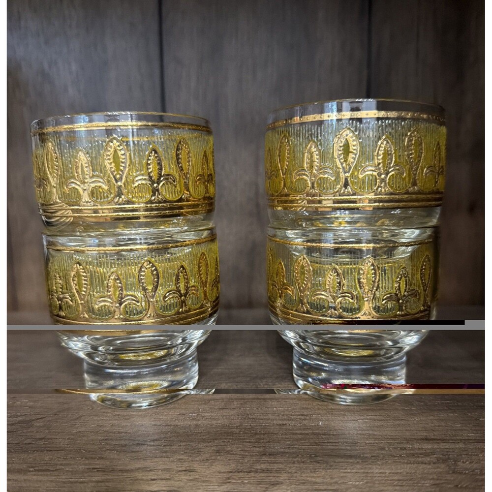 MCM Culver Fleur De Lis Lowball Glasses Set of 4 22KG Gold Citrine Yellow 1960s